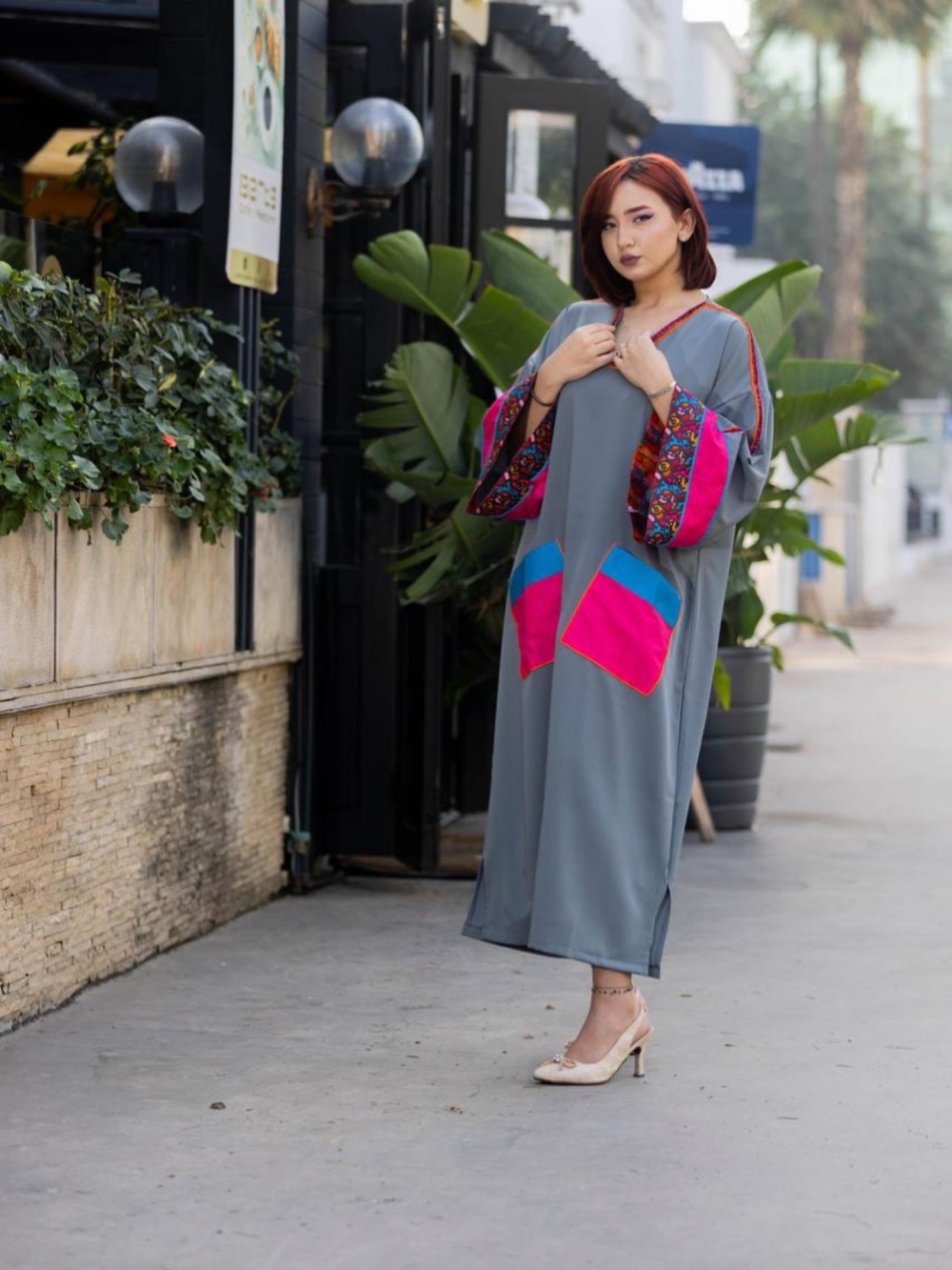 Gray Kaftan Dress with Pink & Blue Accent - Picture 2 of 8